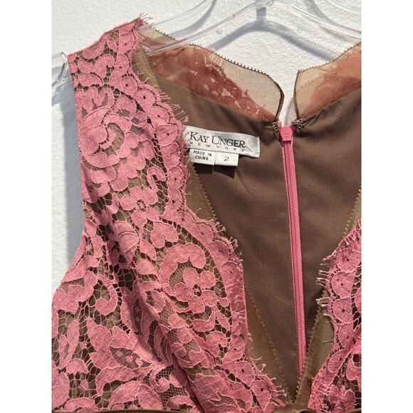 Kay Unger Size 2 Pink Lace Dress Bow Wedding Romantic Evening Retro - Picture 6 of 8